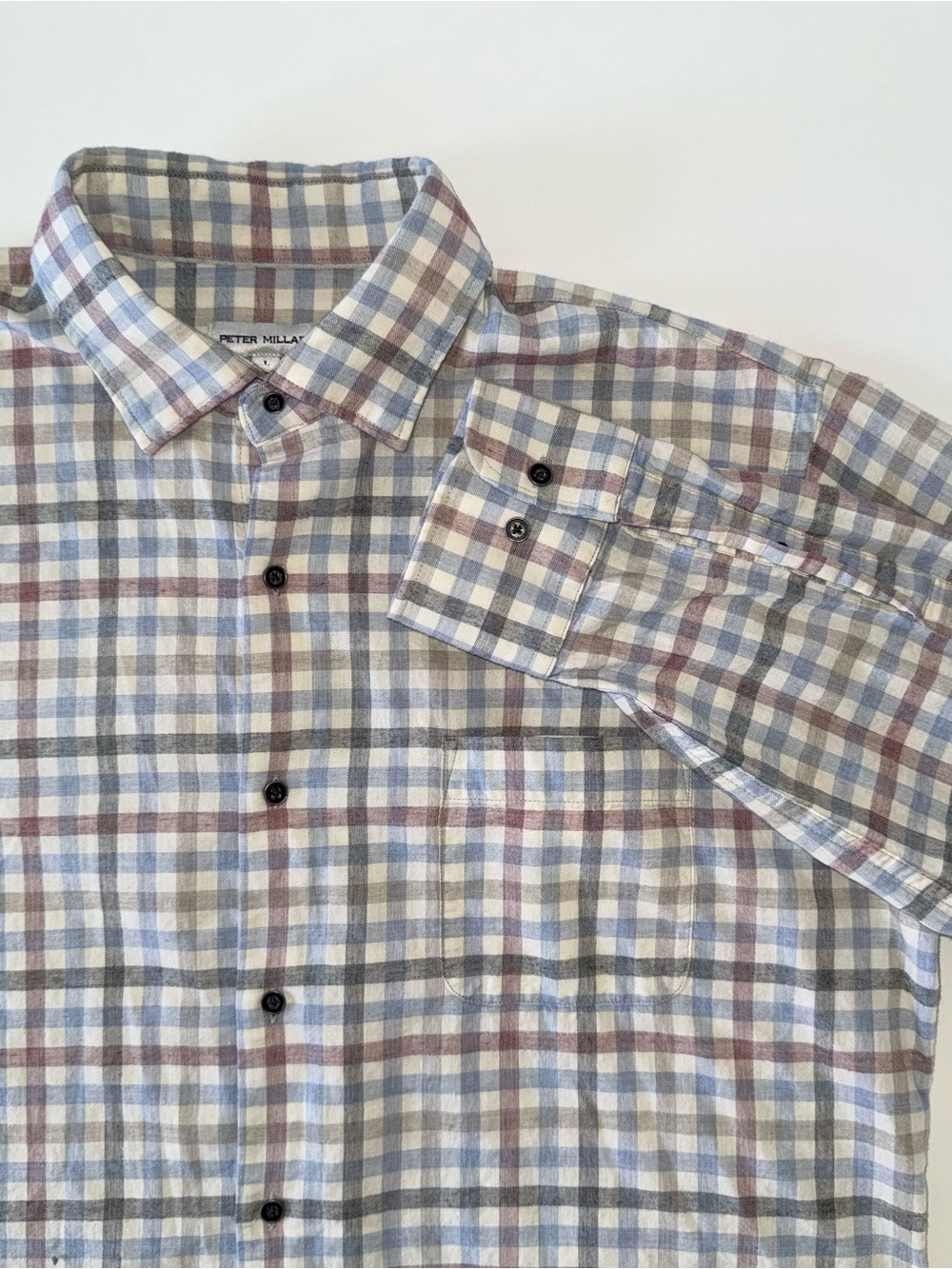 Peter Millar Men's L Plaid Button Down Shirt Cotton Lightweight Check Pocket